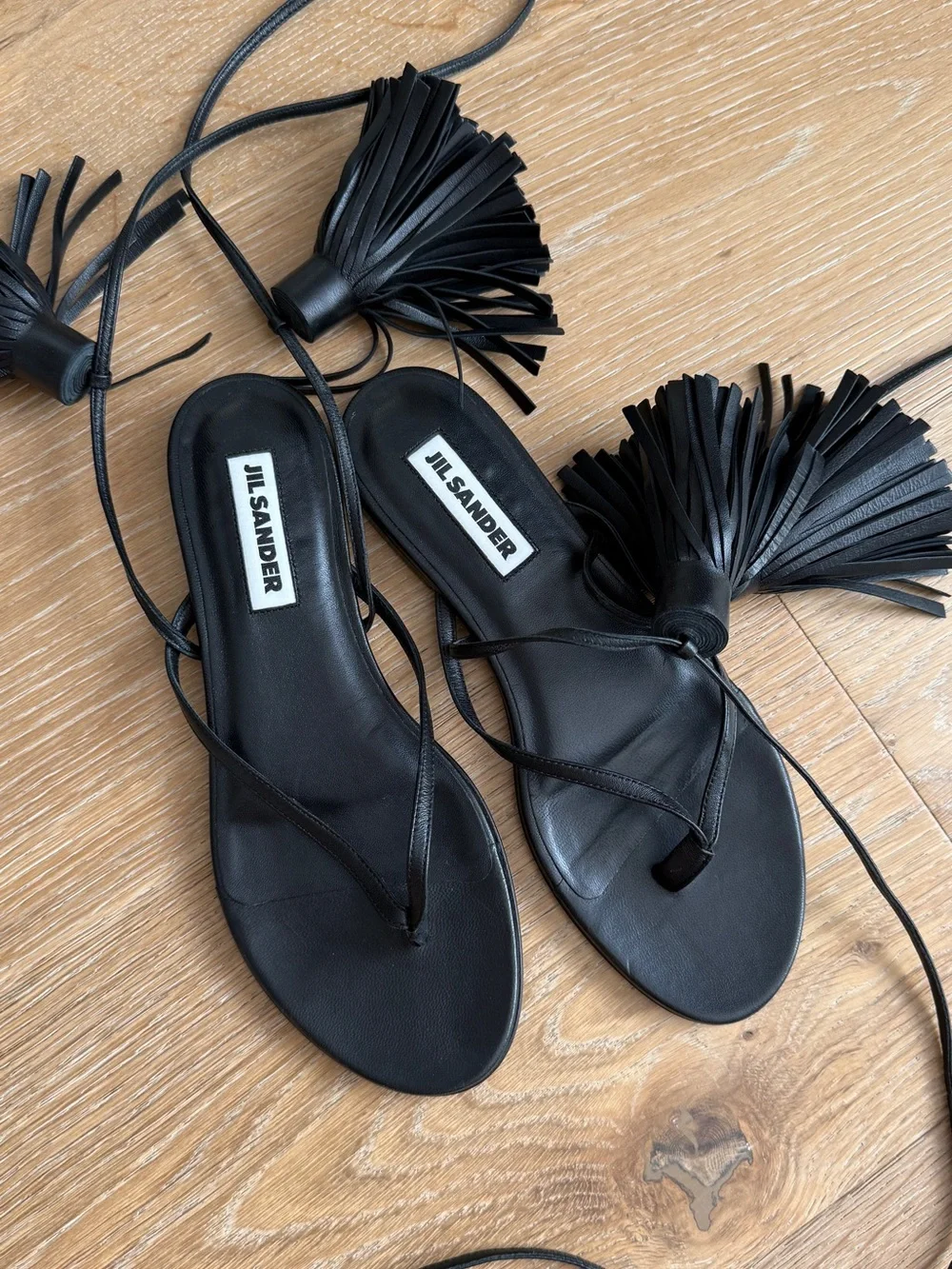Jil Sander Black Leather Tassel Lace-Up Sandals